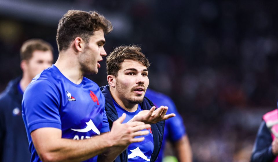 Damian PENAUD and Antoine DUPONT of France celebrate the victory after the Autumn International match between France and South Africa at Orange Velodrome on November 12, 2022 in Marseille, France. (Photo by Johnny Fidelin/Icon Sport)