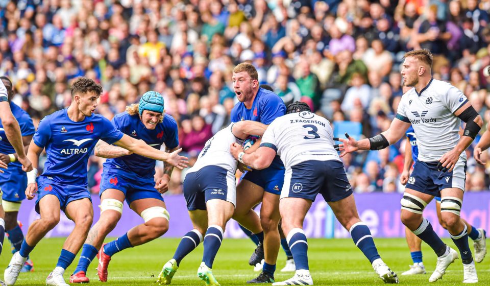 Hamish Watson and Zander Fagerson of Scotland tackles Pierre Bourgarit of France during the International Friendly match at Scottish Gas Murrayfield Stadium, Edinburgh
Picture by Jamie Johnston/Focus Images Ltd 07714373795
05/08/2023 - Photo by Icon sport