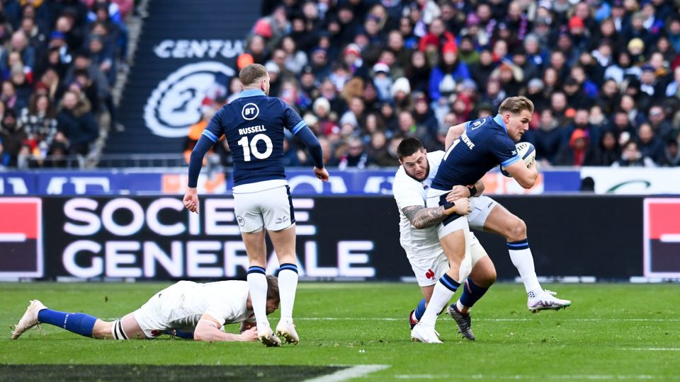 Cyril BAILLE of France and Stuart HOGG of Scotland during the Six Nations match between France and Scotland at Stade de France on February 26, 2023 in Paris, France. (Photo by Philippe Lecoeur/FEP/Icon Sport)