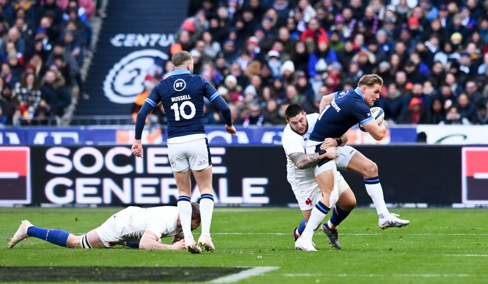 Cyril BAILLE of France and Stuart HOGG of Scotland during the Six Nations match between France and Scotland at Stade de France on February 26, 2023 in Paris, France. (Photo by Philippe Lecoeur/FEP/Icon Sport)