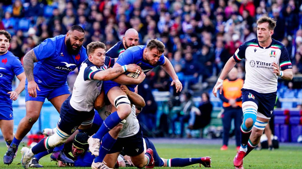 Uini ATONIO of France and Anthony JELONCH of France during the Six Nations Tournament match between Italy and France at Stadio Olimpico on February 5, 2023 in Rome, Italy. (Photo by Sandra Ruhaut/Icon Sport)