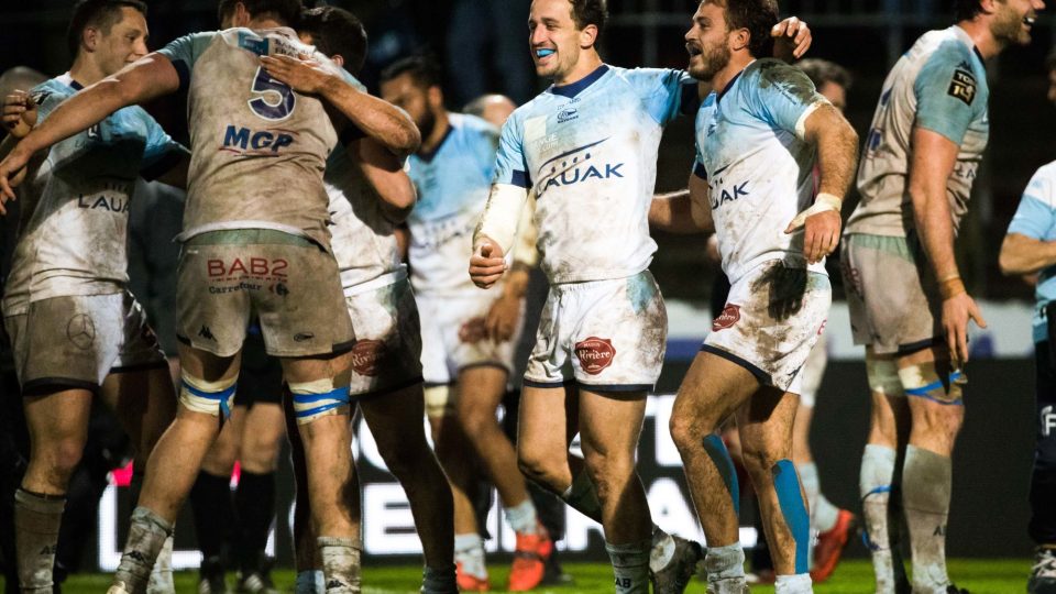 Team of Bayonne celebrates during the Top 14 match between Aviron Bayonnais and Toulouse on February 29, 2020 in Bayonne, France. (Photo by JF Sanchez/Icon Sport) - --- - Stade Jean Dauger - Bayonne (France)