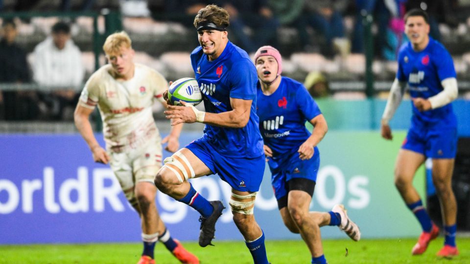 Oscar Jegou of France U20 scores a try during the World Rugby U20 Championship match between France and England on July 9, 2023 at Athlone Stadium in Cape Town, South Africa. (Photo by Thinus Maritz Steve Haag Sports / Icon Sport) 

Photo by Icon Sport