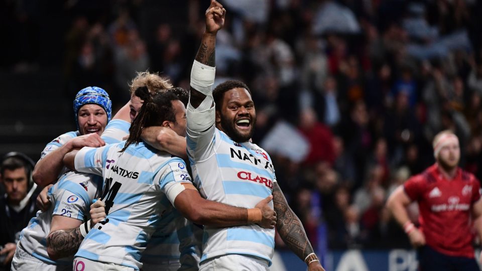 The Racing 92 players, including Virimi VAKATAWA of Racing 92 (right), celebrate a late bonus points try from Juan IMHOFF of Racing 92 (hidden) during the European Rugby Champions Cup Pool 4 match between Racing 92 and Munster on January 12, 2020 in Nanterre, France. (Photo by Dave Winter/Icon Sport) - --- - Juan IMHOFF - Paris La Defense Arena - Paris (France)