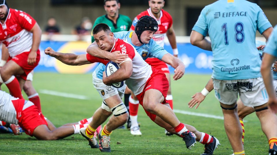 Lucas PEYRESBLANQUES of Biarritz score his try during the play-off match Pro D2 between Perpignan and Biarritz on June 5, 2021 in Montpellier, France. (Photo by Johnny Fidelin/Icon Sport)