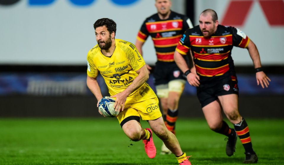 Kevin Gourdon #7 of La Rochelle collects the ball and looks for a pass in Gloucester, UK on 4/2/2021. (Photo by Gareth Dalley/News Images/Sipa USA)