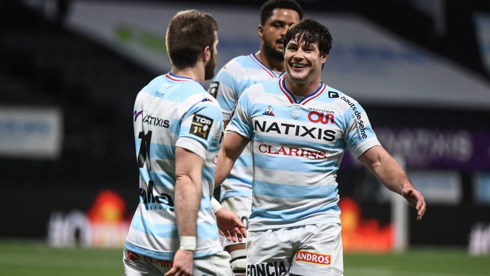 Henry CHAVANCY of Racing 92 celebrates a try with Louis DUPICHOT of Racing 92 during the Top 14 match between Racing 92 and Lyon on February 13, 2021 in Nanterre, France. (Photo by Anthony Dibon/Icon Sport) - Henry CHAVANCY - Louis DUPICHOT - Paris La Defense Arena - Paris (France)