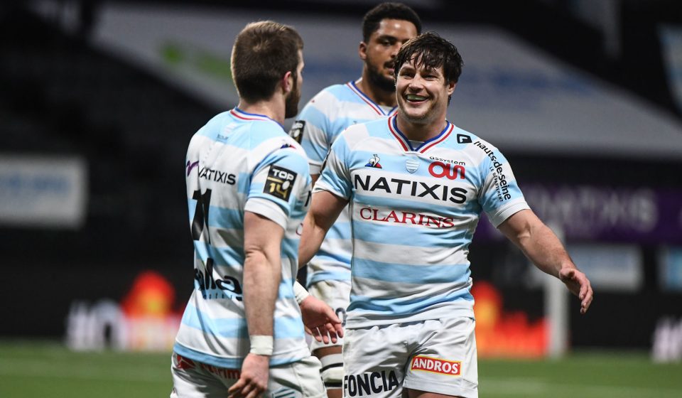 Henry CHAVANCY of Racing 92 celebrates a try with Louis DUPICHOT of Racing 92 during the Top 14 match between Racing 92 and Lyon on February 13, 2021 in Nanterre, France. (Photo by Anthony Dibon/Icon Sport) - Henry CHAVANCY - Louis DUPICHOT - Paris La Defense Arena - Paris (France)