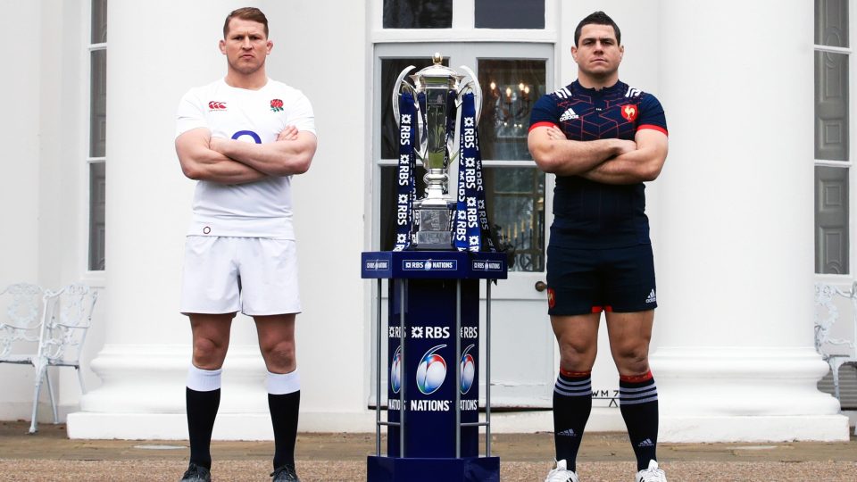 England captain Dylan Hartley (left) and France captain Guilhem Guirado pose next to the Six Nations trophy during the RBS 6 Nations Media Launch at The Hurlingham Club, London.