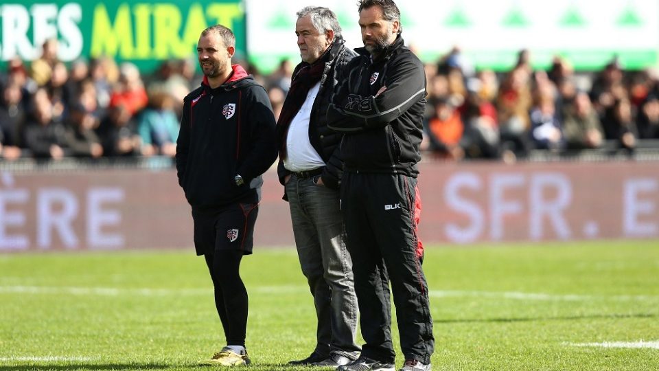 Assistant coach Jean Baptiste Elissalde, President Rene Bouscatel and Head Coach Ugo Mola of Toulouse during the French Top 14 rugby union match between Brive v Toulouse at Stade Amedee Domenech on March 5, 2016 in Brive, France.