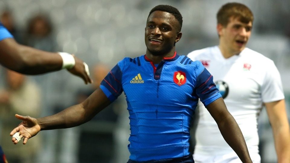Gabriel Ngandebe of France celebrates after scoring a try during the Six Nations match between France U20 and England U20 on March 18, 2016 in Pau, France