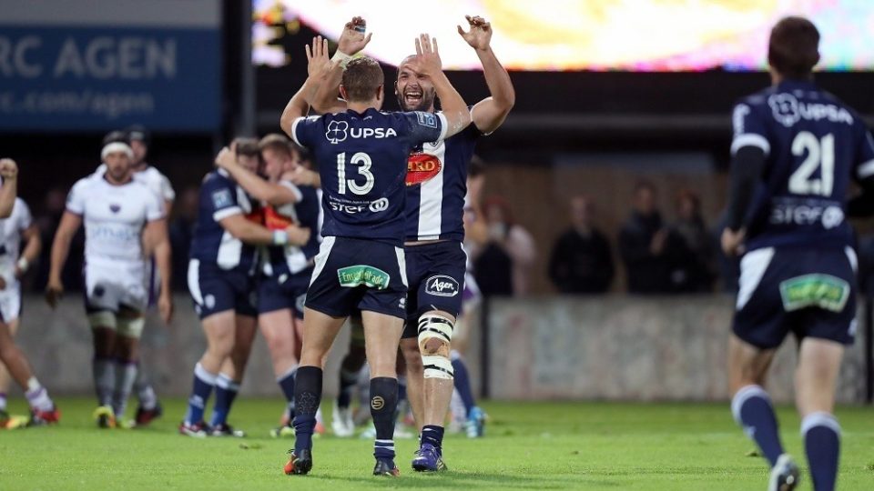 Tamaz Mchedlidze and Johann Sadie of Agen celebrate at the end of the match during the Pro D2 match between Agen and Soyaux Angouleme on October 21, 2016 in Agen, France. (Photo by Manuel Blondeau/Icon Sport)