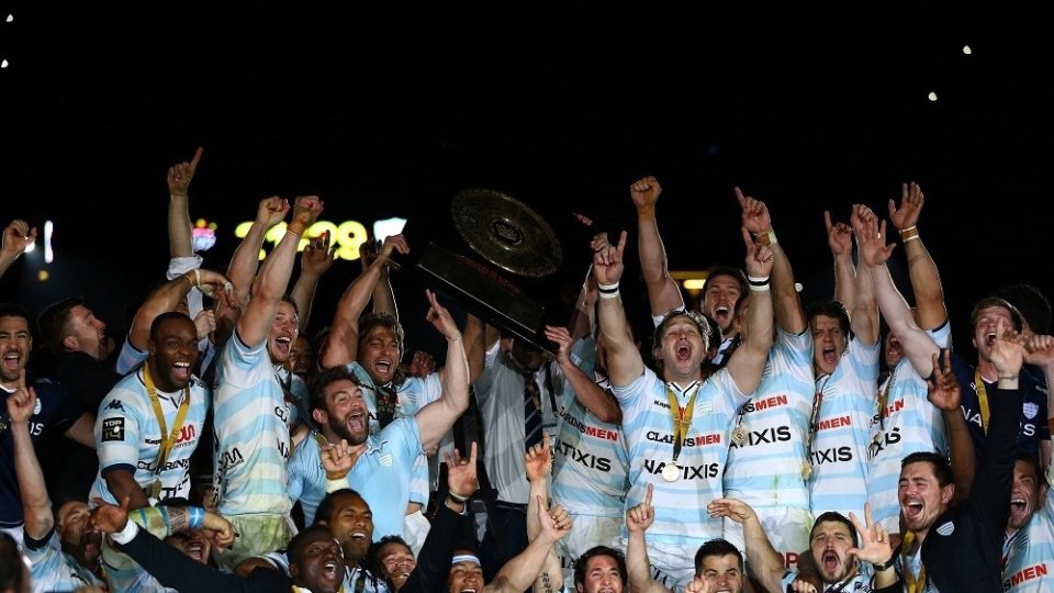 Players of Racing 92 celebrate on the podium with the trophy during the Final Top 14 between Toulon and Racing 92 at Camp Nou on June 24, 2016 in Barcelona, Spain. (Photo by Manuel Blondeau/Icon Sport)