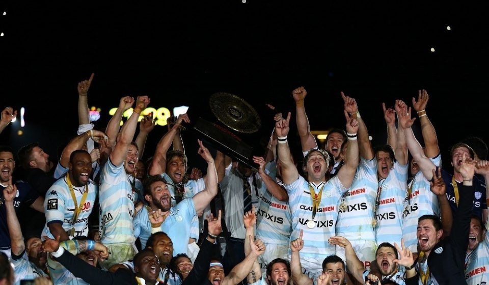 Players of Racing 92 celebrate on the podium with the trophy during the Final Top 14 between Toulon and Racing 92 at Camp Nou on June 24, 2016 in Barcelona, Spain. (Photo by Manuel Blondeau/Icon Sport)