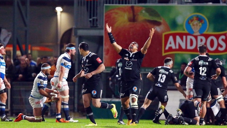 Sisaro Koyamaibole of Brive celebrates during the French Top 14 rugby union match between CA Brive v Castres at Stade Amedee Domenech on March 26, 2016 in Brive, France.