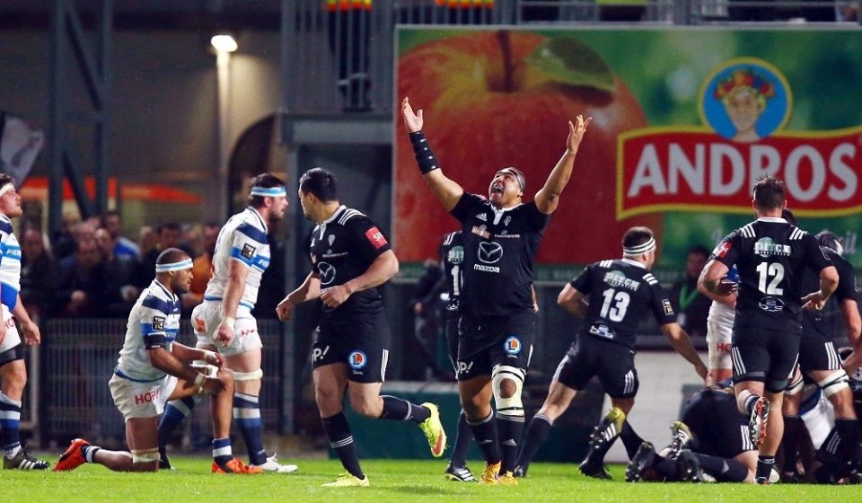 Sisaro Koyamaibole of Brive celebrates during the French Top 14 rugby union match between CA Brive v Castres at Stade Amedee Domenech on March 26, 2016 in Brive, France.