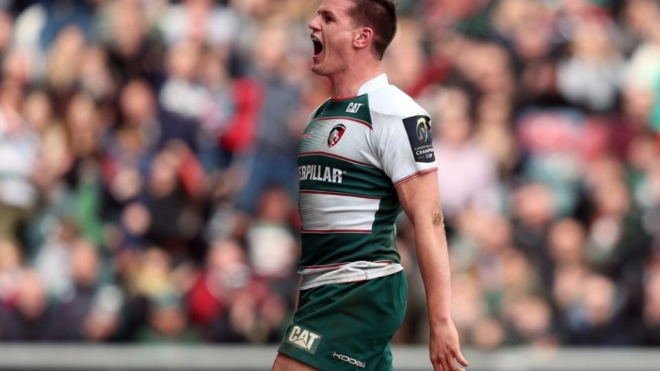 Leicester Tigers Freddie Burns celebrates scoring the 3rd try during the European Rugby Champions Cup match between Leicester Tigers and Stade  Francais played at Welford Road, Leicester on April 10th 2016