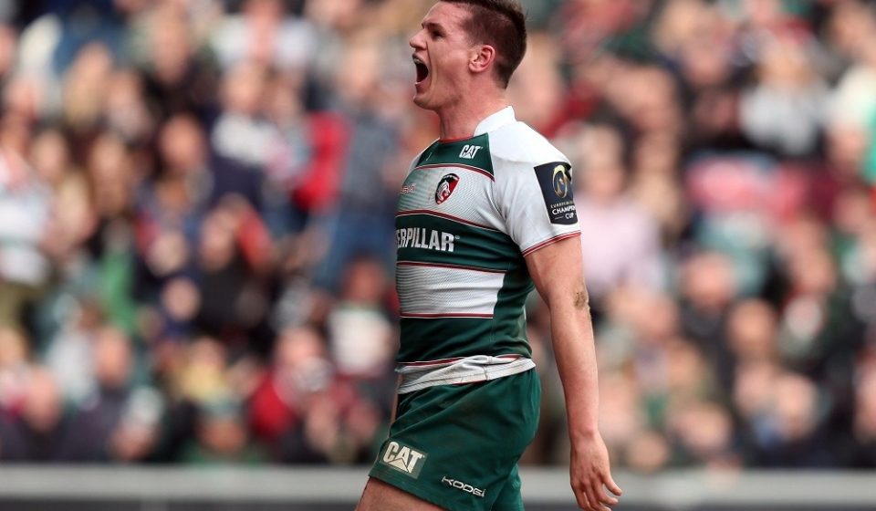 Leicester Tigers Freddie Burns celebrates scoring the 3rd try during the European Rugby Champions Cup match between Leicester Tigers and Stade  Francais played at Welford Road, Leicester on April 10th 2016