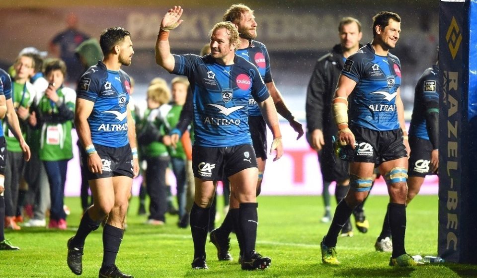 Jannie Du Plessis and Montpellier celebrates the victory during the French Top 14 rugby union match between Montpellier v Brive on April 1, 2016 in Montpellier, France. (Photo by Alexandre Dimou / Icon Sport)