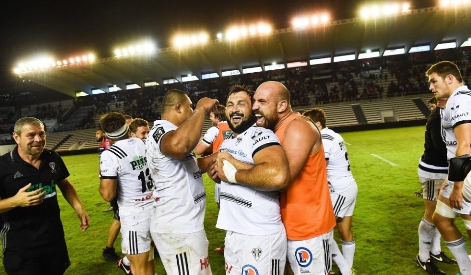 Karlen Asieshvili of Brive and Lucas Pointud of Brive celebrates his victory during the Top 14 match between Toulon and Brive at Felix Mayol Stadium on September 3, 2016 in Toulon, France. (Photo by Alexandre Dimou/Icon Sport)