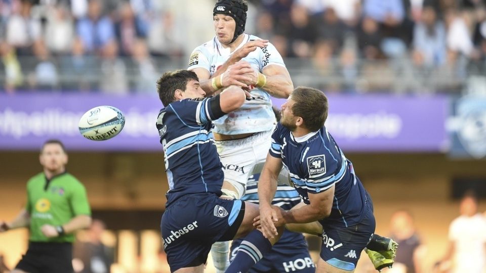 Wenceslas Lauret of Racing and Kelian Galletier and Francois Steyn of Montpellier during the Top 14 Match between Montpellier and Racing 92 on April 22, 2017 in Montpellier, France. (Photo by Alexandre Dimou/Icon Sport)