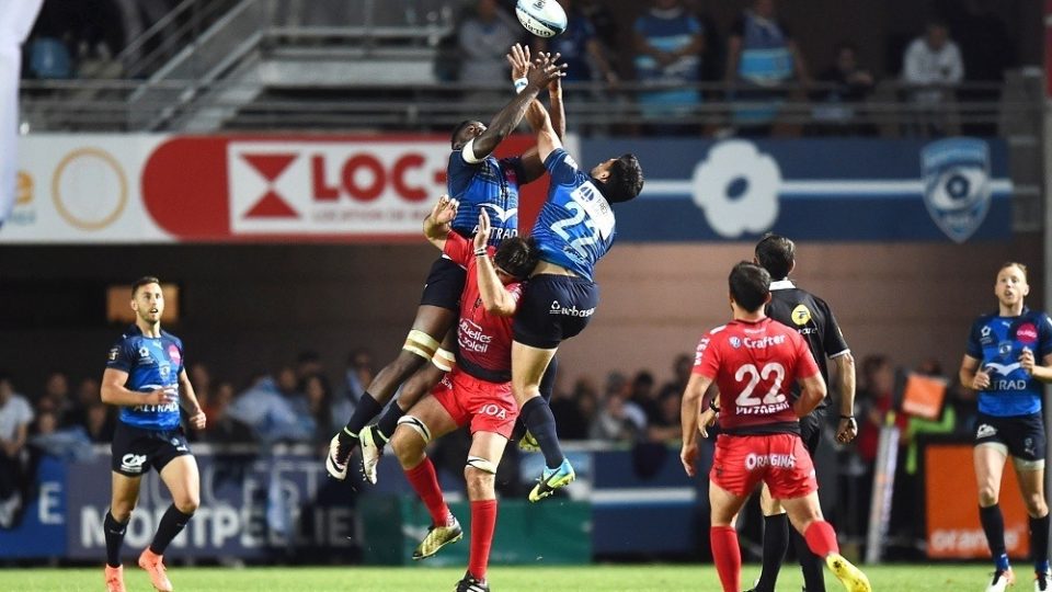 Fulgence Ouedraogo of Montpellier and Robert Ebersohn of Montpellier during the rugby Top 14 match between Montpelier and RC Toulon on May 29, 2016 in Montpellier, France. (Photo by Alexandre Dimou/Icon Sport)