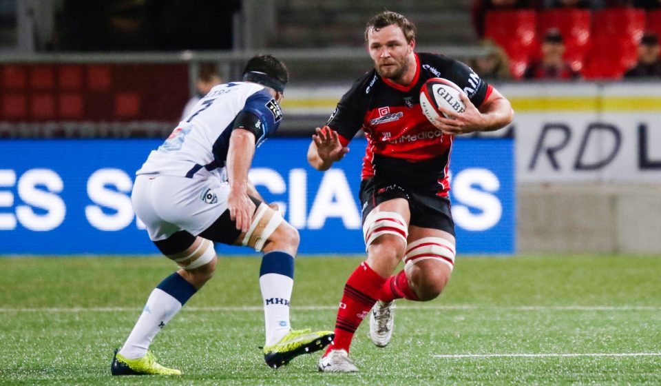 Curtis Browning of Oyonnax and Kelian Galletier of Montpellier during the French Top 14 match between Oyonnax and Montpellier at Gerland Stadium on February 17, 2018 in Lyon, France. (Photo by Romain Biard/Icon Sport)