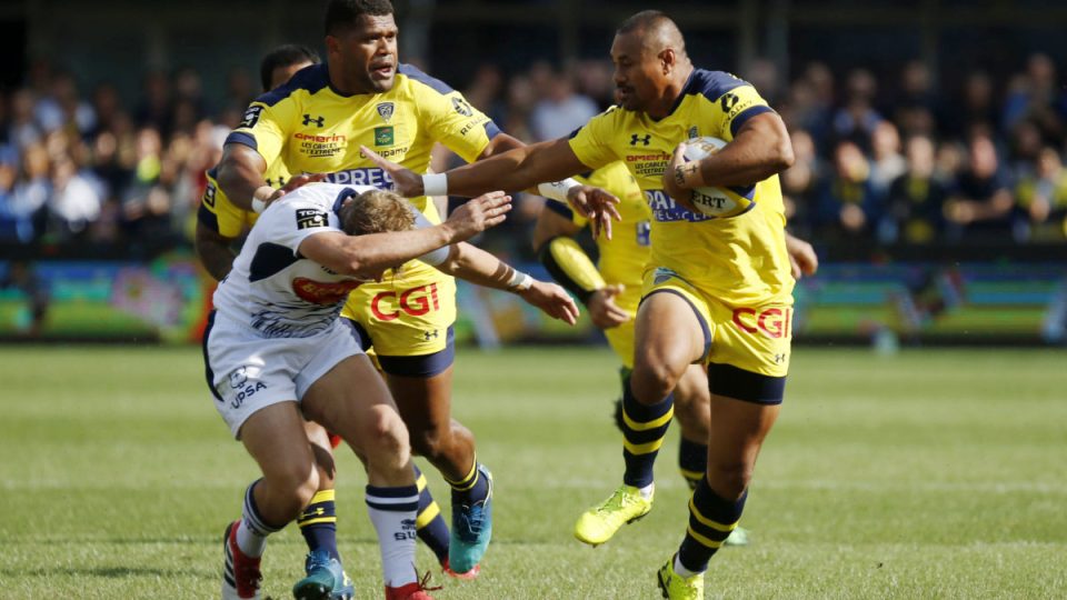 Isaia Toeava of Clermont and Jake Mc Intyre of Agen during Top 14 match between Clermont and Agen on August 25, 2018 in Perpignan, France. (Photo by Romain Biard/Icon Sport)