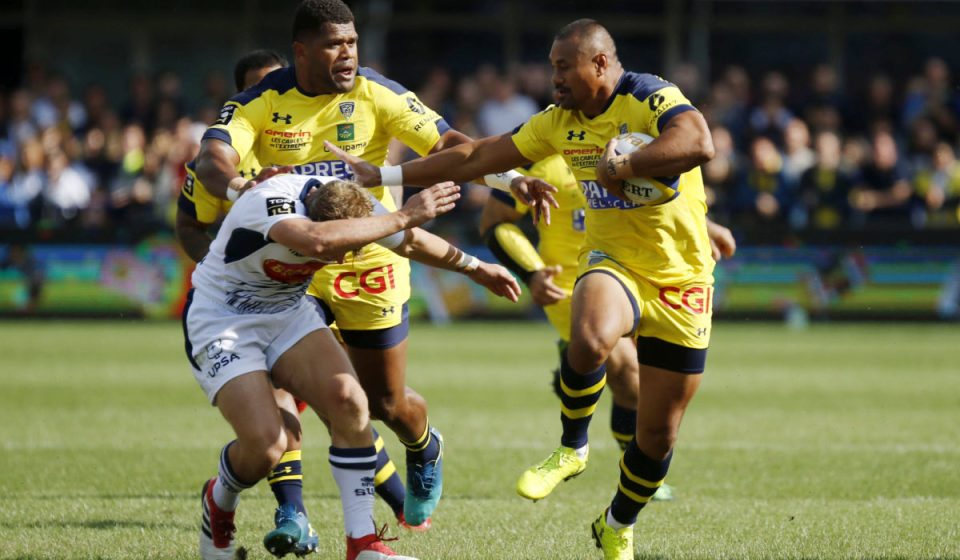 Isaia Toeava of Clermont and Jake Mc Intyre of Agen during Top 14 match between Clermont and Agen on August 25, 2018 in Perpignan, France. (Photo by Romain Biard/Icon Sport)