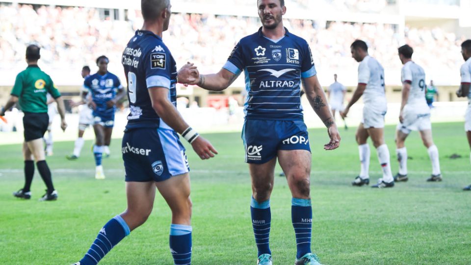 Ruan Piennar and Louis Picamoles of Montpellier celebrate one try during the Top 14 match between Montpellier and Toulouse at Altrad Stadium on September 23, 2018 in Montpellier, France. (Photo by Alexandre Dimou/Icon Sport)