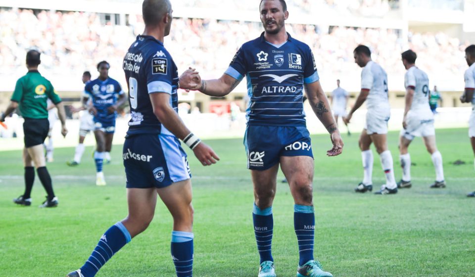 Ruan Piennar and Louis Picamoles of Montpellier celebrate one try during the Top 14 match between Montpellier and Toulouse at Altrad Stadium on September 23, 2018 in Montpellier, France. (Photo by Alexandre Dimou/Icon Sport)