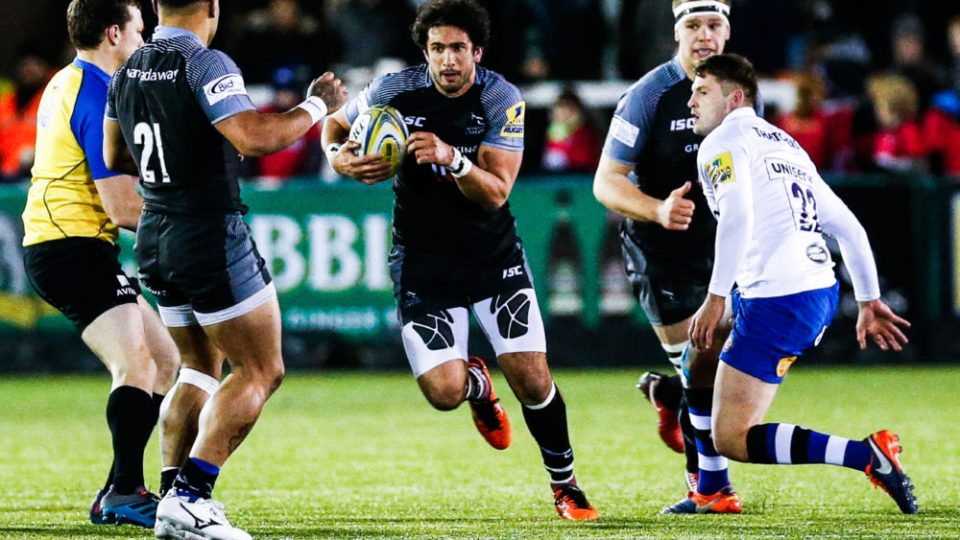 Maxime Mermoz during the Aviva Premiership match between Newcastle Falcons and Bath Rugby at Kingston Park on Friday 16th February 2018.