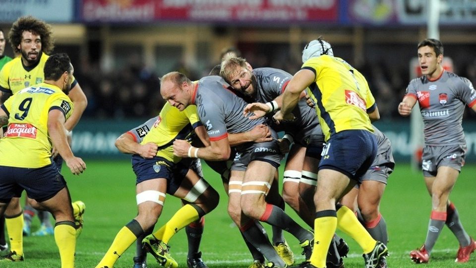 Julien BONNAIRE and Thibaut PRIVAT of Lyon during the Top 14 match between Clermont Auvergne and Lyon OU on November 19, 2016 in Clermont, France. (Photo by Jean Paul Thomas/Icon Sport)