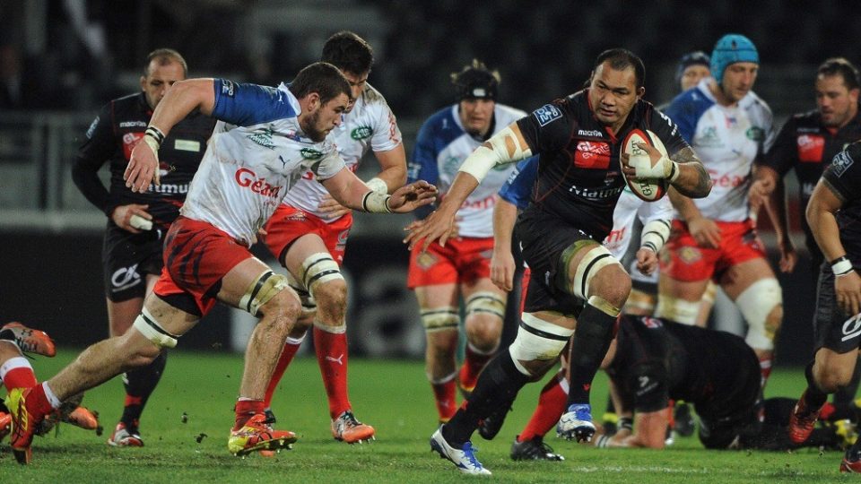 (R-L) TAIASINA TUIFUA of Lyon Lou  during the Rugby French Pro D2 match between Lyon Lou v Aurillac at MATMUT Stadium on February 25, 2016 in Lyon, France.