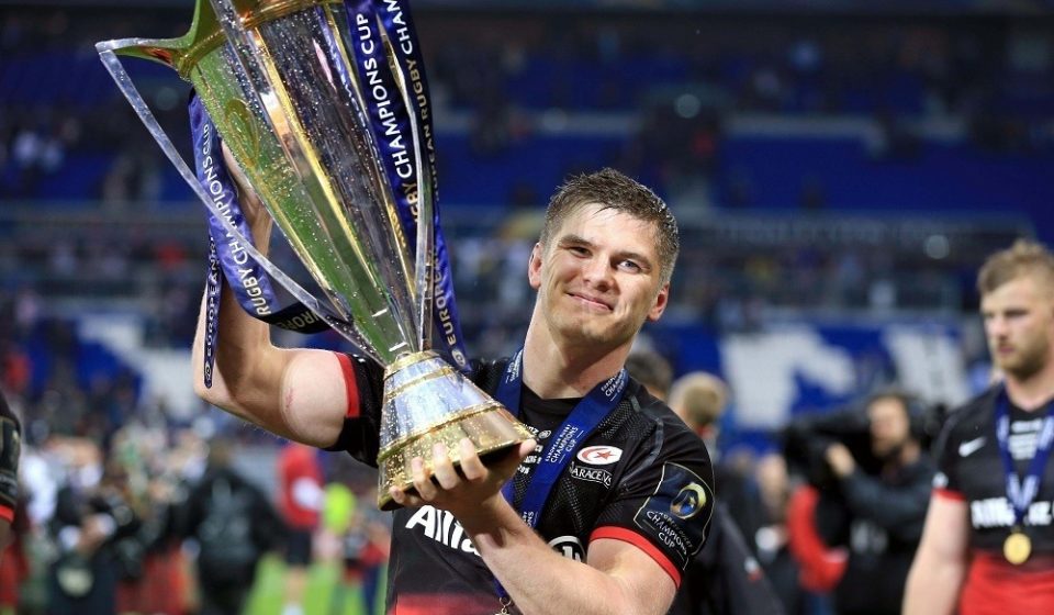 Saracens' Owen Farrell celebrates winning the European Champions Cup trophy during the final on the European Rugby Champions Cup match between Racing 92 and Saracens at Stade des Lumieres on May 14, 2016 in Decines-Charpieu, France. (Photo by Davy / PA /Icon Sport )
