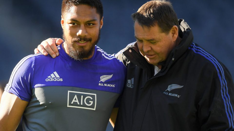 4 November 2016; New Zealand head coach Steve Hansen, right, with George Moala during their team captain's run at Soldier Field in Chicago, USA. Photo by Brendan Moran/Sportsfile / Icon Sport