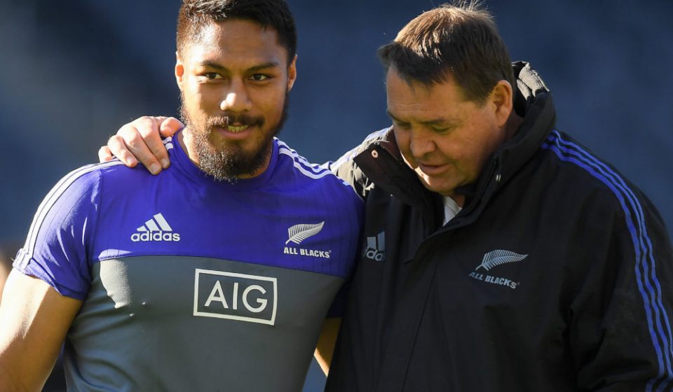 4 November 2016; New Zealand head coach Steve Hansen, right, with George Moala during their team captain's run at Soldier Field in Chicago, USA. Photo by Brendan Moran/Sportsfile / Icon Sport