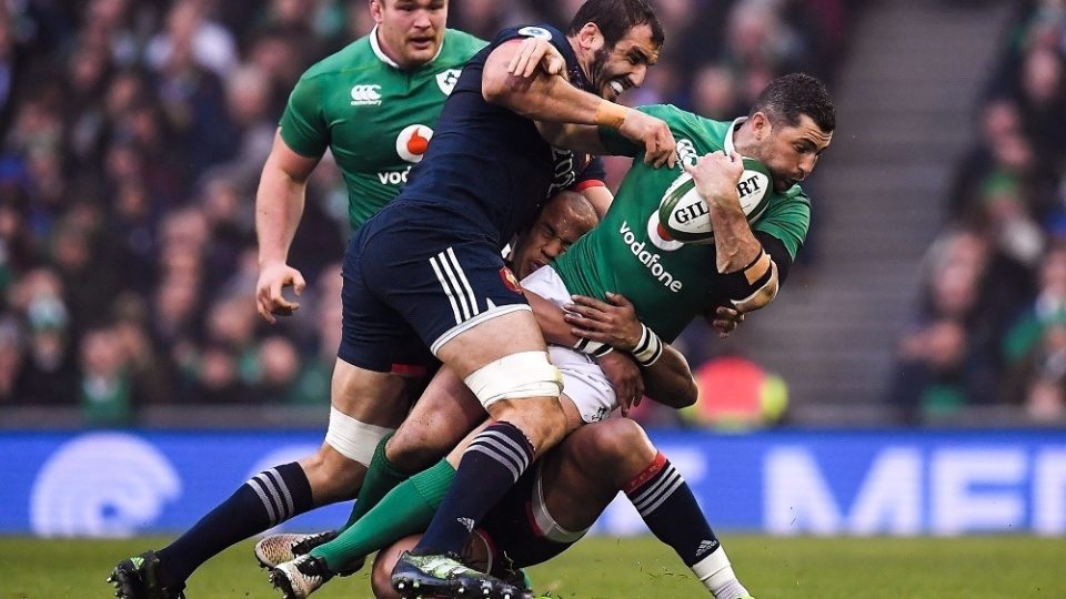 25 February 2017; Rob Kearney of Ireland is tackled by Yohann Maestri, left, and Gael Fickou of France during the RBS Six Nations Rugby Championship game between Ireland and France at the Aviva Stadium in Lansdowne Road, Dublin. Photo by Brendan Moran/Sportsfile / Icon Sport