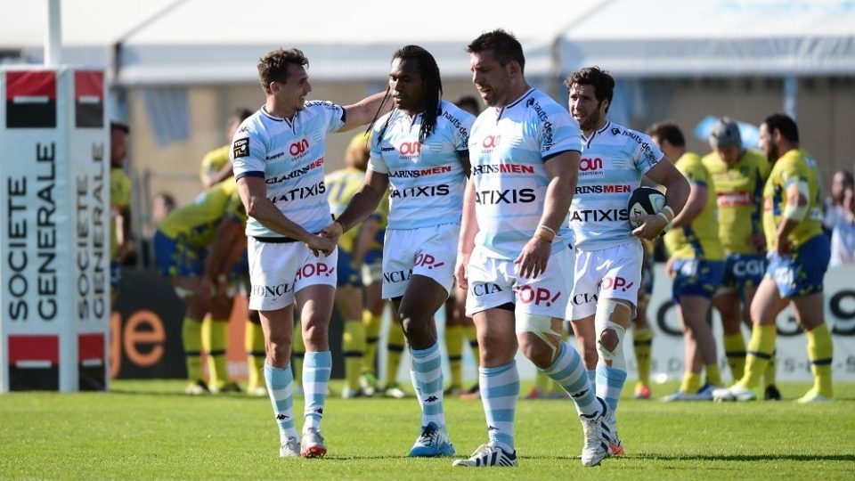 Albert Vulivuli of Racing 92 (centre) is congratulated after scoring a try during the French Top 14 rugby union match between Racing 92 v Clermont at Stade Yves Du Manoir on May 1, 2016 in Colombes, France. (Photo by Dave Winter/Icon Sport)