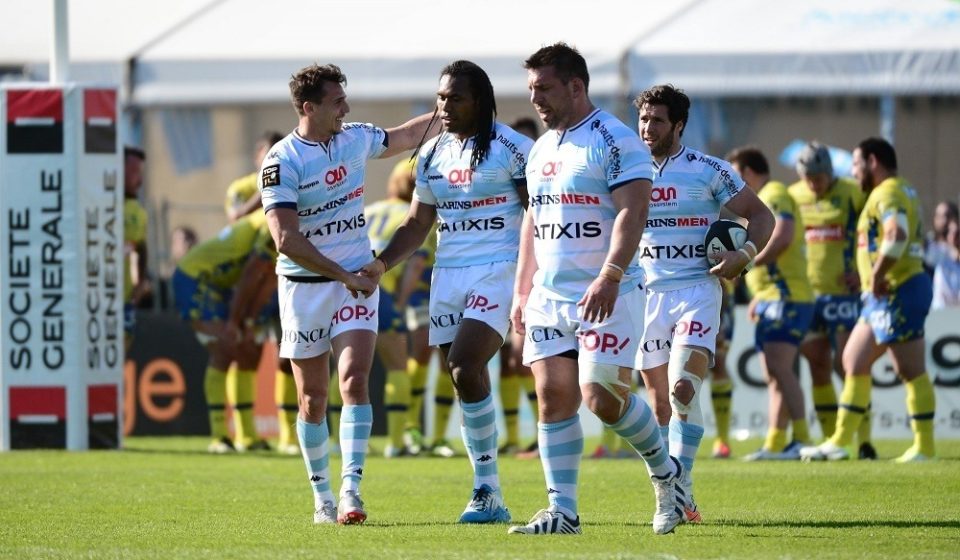Albert Vulivuli of Racing 92 (centre) is congratulated after scoring a try during the French Top 14 rugby union match between Racing 92 v Clermont at Stade Yves Du Manoir on May 1, 2016 in Colombes, France. (Photo by Dave Winter/Icon Sport)