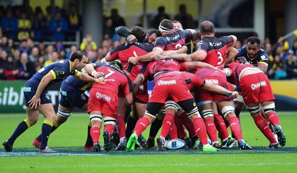 Clermont out muscle the Toulon scrum during the European Champions Cup quarter final match between Clermont and Toulon at Stade Marcel Michelin on April 2, 2017 in Clermont-Ferrand, France. (Photo by Dave Winter/Icon Sport)