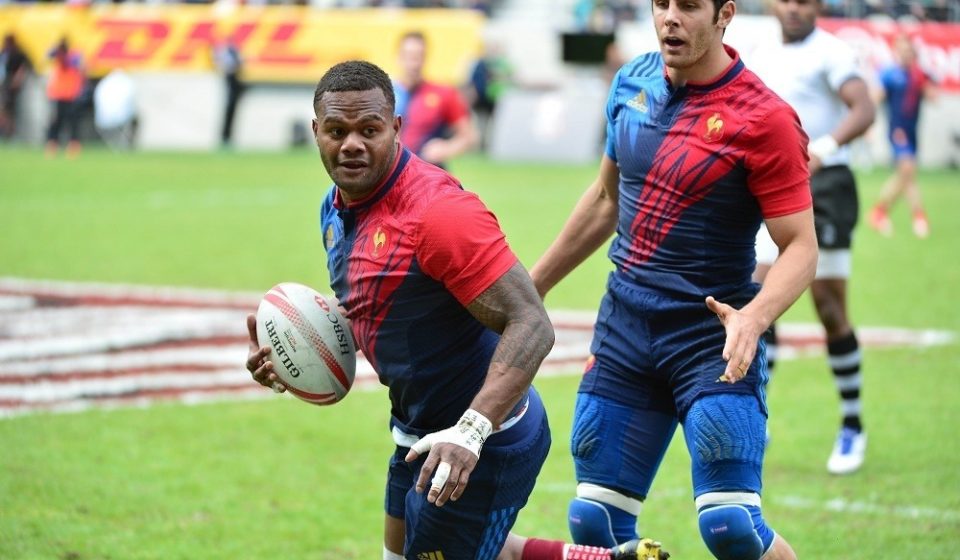 Virimi Vakatawa of France takes on the Fiji defence during the semi final of the Cup at  the HSBC PARIS SEVENS tournament at Stade Jean Bouin on May 15, 2016 in Paris, France. (Photo by Dave Winter/Icon Sport)