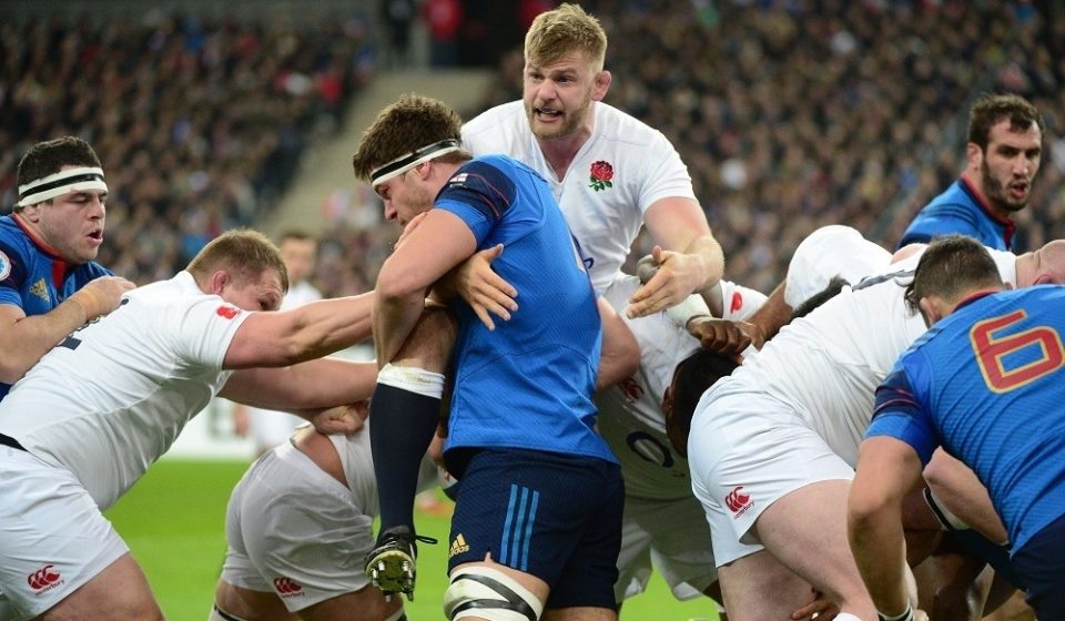 (L-R) Alexandre Flanquart of France lifts George Kruis of England during the RBS Six Nations match between France and England at Stade de France on March 19, 2016 in Paris, France.