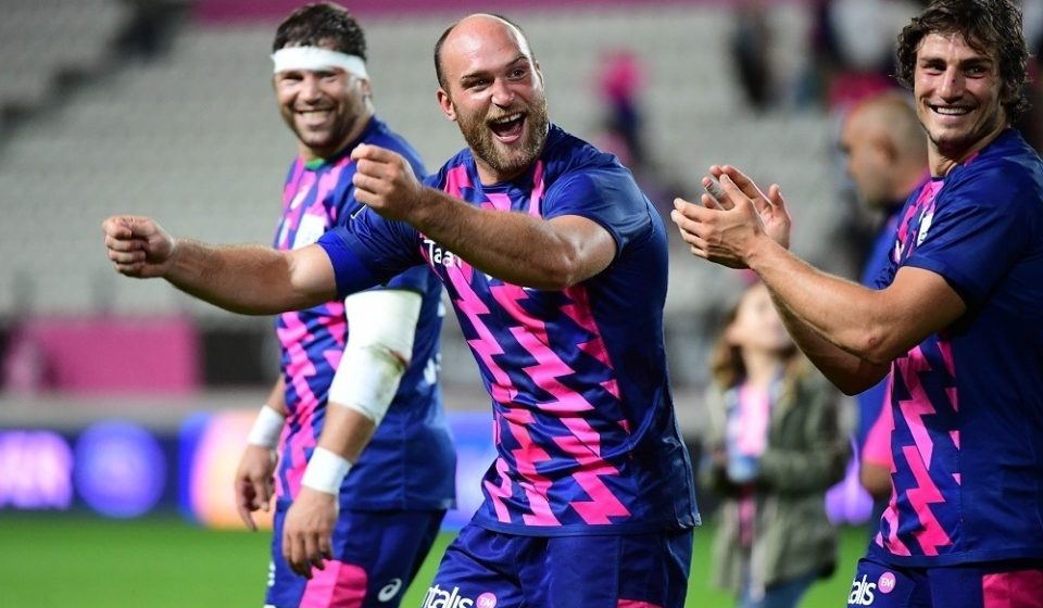 (R-L) Sylvain Nicolas of Stade Francais Paris, Antoine Burban of Stade Francais Paris and Willem Alberts of Stade Francais Paris make a lap of honour following the Top 14 match between Stade Francais Paris and FC Grenoble at Stade Jean Bouin on August 20, 2016 in Paris, France. (Photo by Dave Winter/Icon Sport)