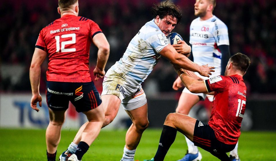 23 November 2019; Camille Chat of Racing 92 in action against JJ Hanrahan, right, and Rory Scannell of Munster during the Heineken Champions Cup Pool 4 Round 2 match between Munster and Racing 92 at Thomond Park in Limerick. Photo by Sam Barnes/Sportsfile